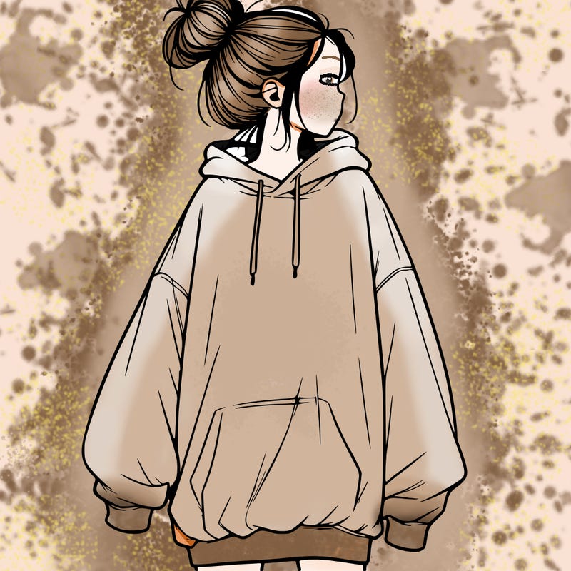 realistic girl with a oversized sweatshirt on and a bun