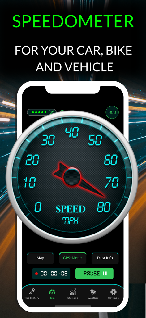 GPS Speedometer & MPH Odometer - Aplicativo Velocímetro GPS mostrando um mostrador de velocidade analógico para carros e bicicletas