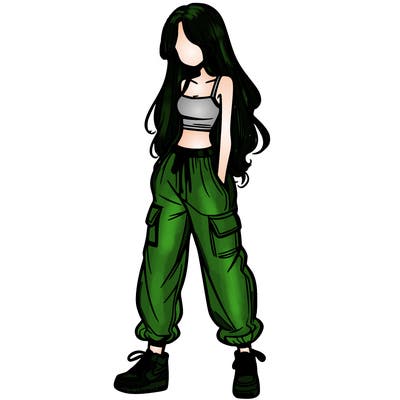 girl in baggy pants crop top and long hair
