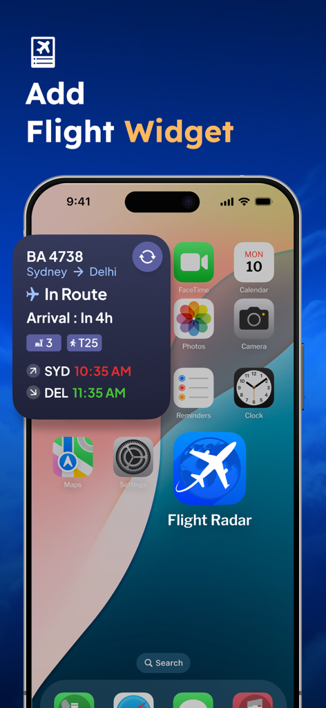 Flight Radar - Live Tracker - iPhone home screen displaying a live flight tracker widget with real time flight status and arrival information