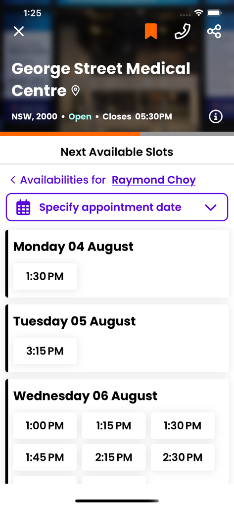 EasyVisit - EasyVisit app screen showing available doctor appointment slots for George Street Medical Centre