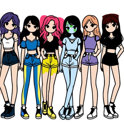 a group of girls wearing crop tops and shorts