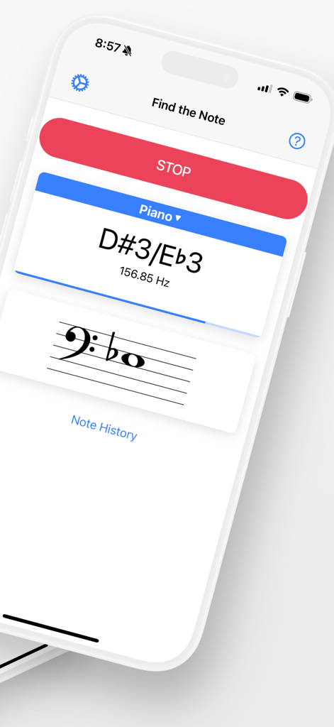 Find the Note - Find the Note app interface showing a detected D sharp or E flat note with bass clef notation on an iPhone
