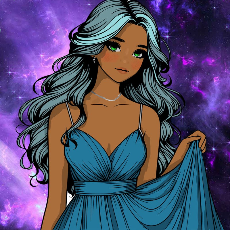 realistic girl in flowy silky prom dress