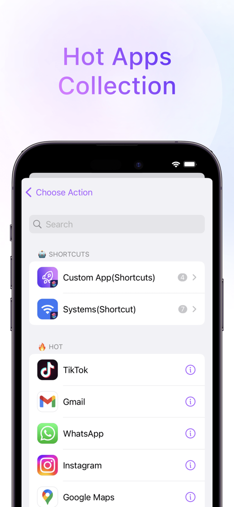 Interface de smartphone affichant une liste d'applications populaires comme TikTok et WhatsApp pour créer des raccourcis sur l'écran de verrouillage