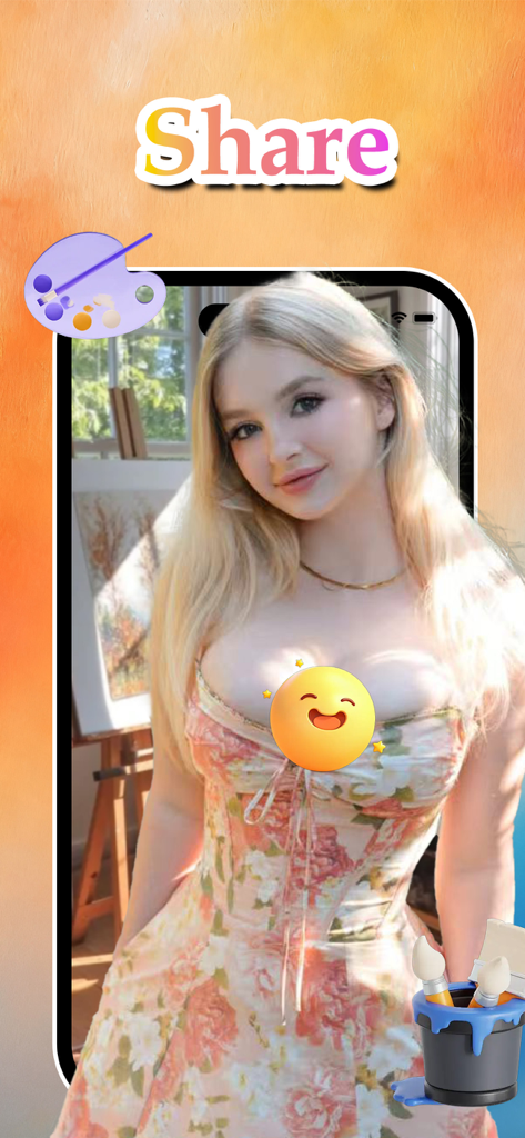 Tinko app screenshot showing a creative portrait with the word Share and art tools