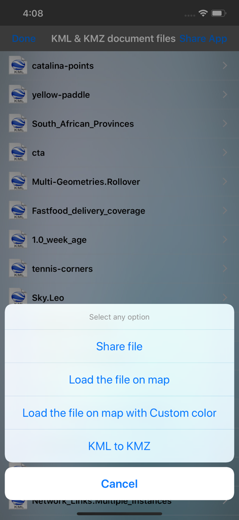 Kml to Kmz-Kmz to Kml app - KML- und KMZ-Dateiliste mit Optionen zum Teilen, Laden auf der Karte oder Konvertieren von Dateien.