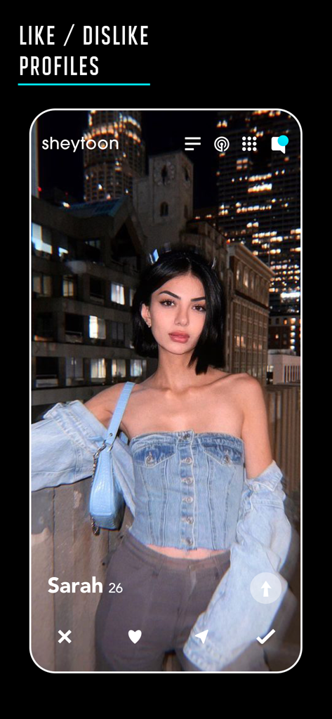 Screenshot of Sheytoon dating app showing a user profile with buttons to like or dislike