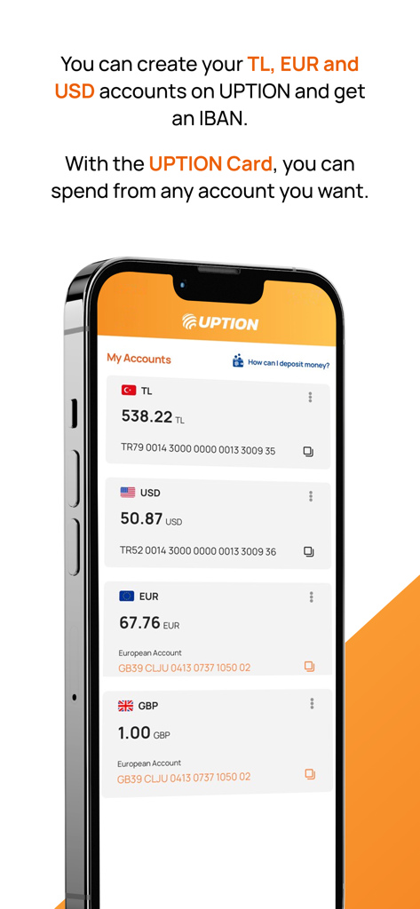 UPTION Para Transferi - Mobile app interface showing multiple currency accounts in TL USD EUR and GBP with IBAN details