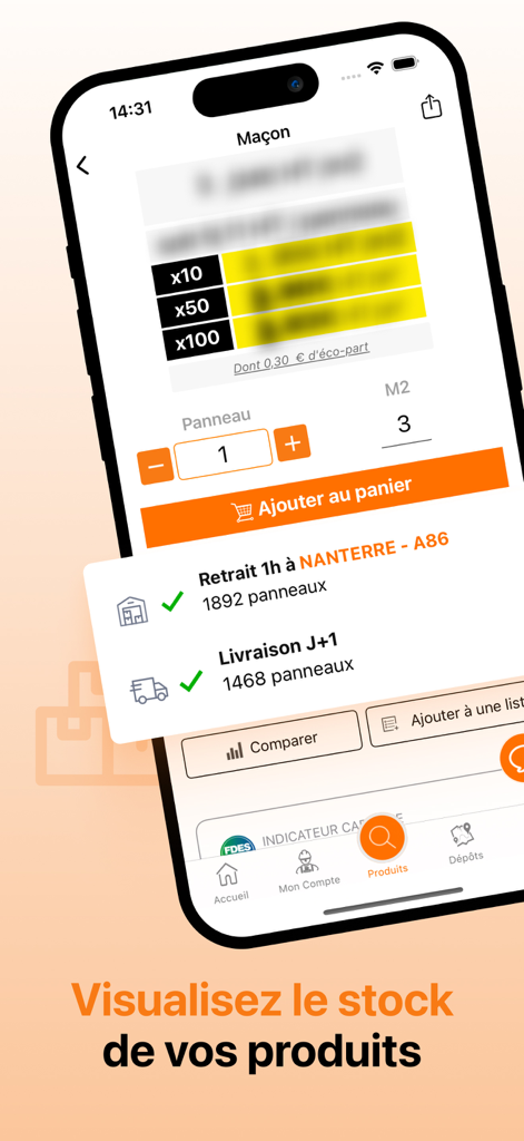 La Plateforme du Batiment app interface showing real-time stock and pickup options for construction products