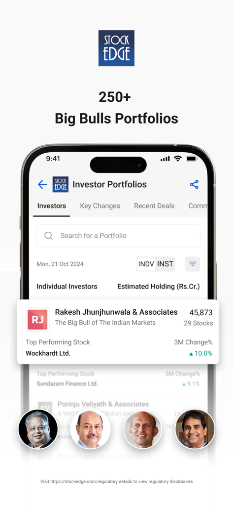 StockEdge mobile app interface displaying investor portfolios of major Indian stock market figures like Rakesh Jhunjhunwala.