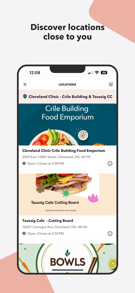 Instaeat - Mobile app screen showing a list of dining locations and cafes at the Cleveland Clinic with opening hours.