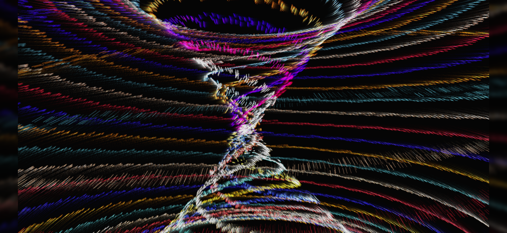 A vibrant 3D whirlwind made of colorful neon kinetic particles