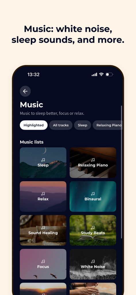 Meditation Moments - Guided - 瞑想の時間アプリのインターフェース。睡眠サウンド、集中音楽、ホワイトノイズなどの様々な音楽カテゴリを表示