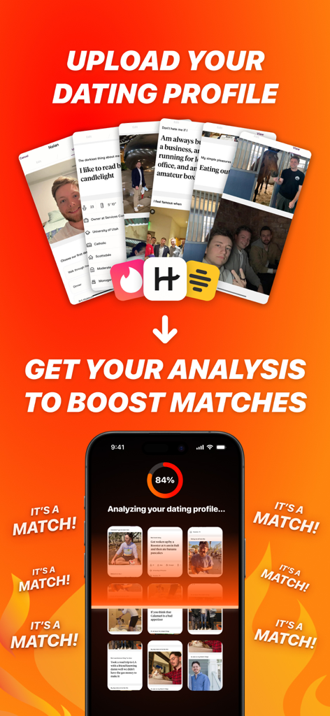 Sway AI: Dating App Assistant - Interfaz de la aplicación Sway AI mostrando análisis de perfil de citas para Tinder, Hinge y Bumble para conseguir más matches