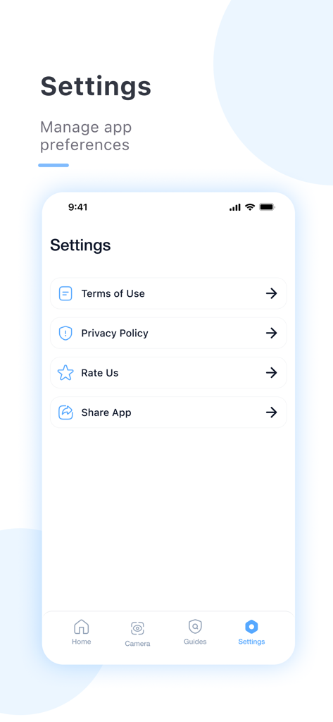 Yi iot + - Settings screen of the Yi iot plus app showing options for terms of use and privacy policy
