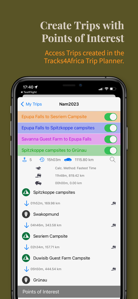 Tracks4Africa Guide - Screenshot da aplicação Tracks4Africa Guide a mostrar um itinerário de viagem detalhado com tempos e distâncias de viagem para uma viagem de safari.