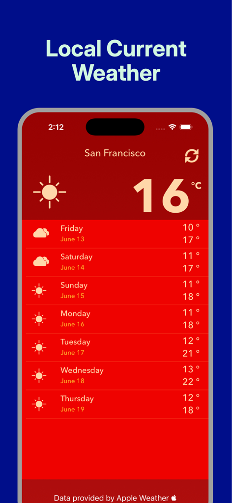 Local Weather Forecast - Pantalla de la aplicación Pronóstico del Tiempo Local que muestra la temperatura actual y el pronóstico semanal para San Francisco
