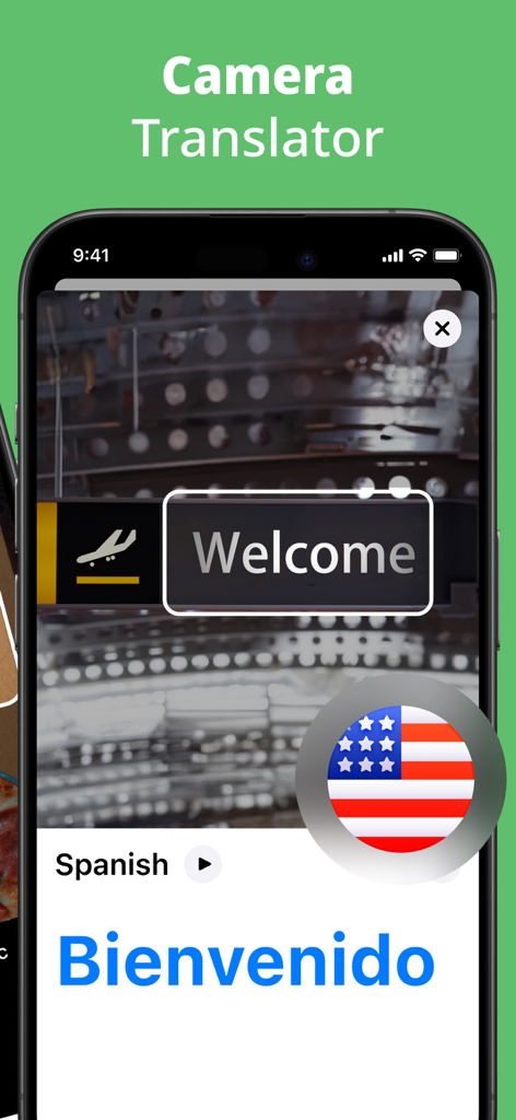 Pantalla de smartphone mostrando la traducción en vivo por cámara de 'Welcome' a 'Bienvenido' en español