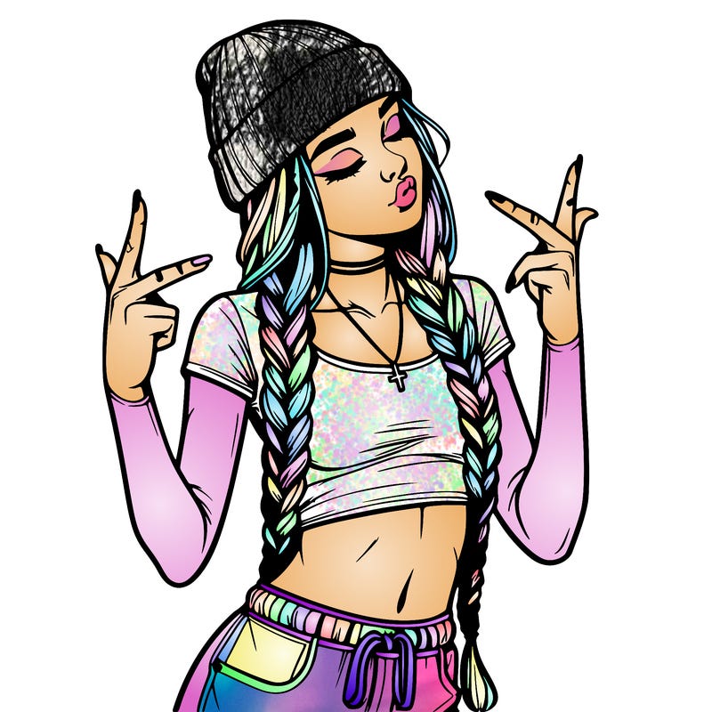 realistic teenage girl with braids and a beanie and crop top doing 🫶🏼