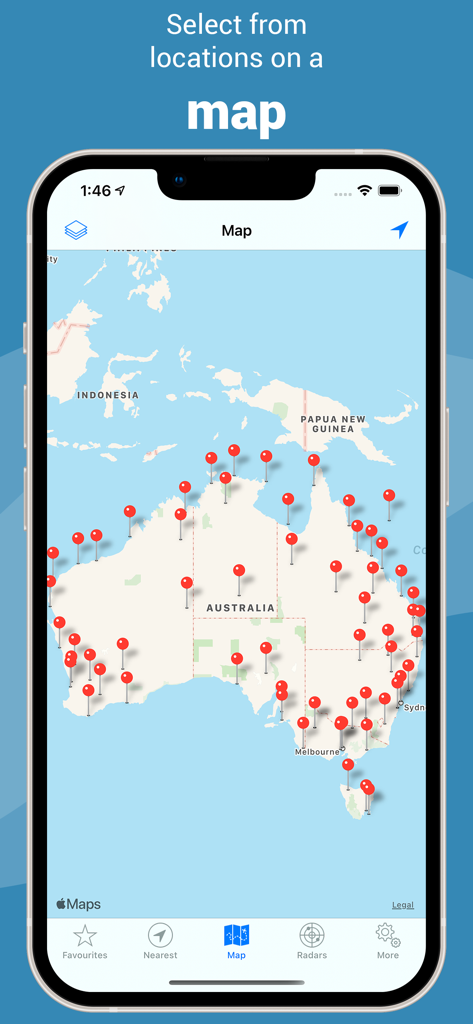 Rain Radar Australia - Rain Radar Australia app interface showing a map of Australia with multiple red pins marking different radar station locations