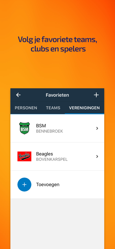 Interfaz de la aplicación KNKV Wedstrijdzaken mostrando una lista de clubes de korfball favoritos