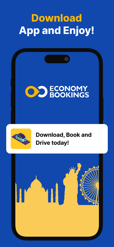 Pantalla de presentación de la aplicación de alquiler de coches EconomyBookings con monumentos mundiales como la Estatua de la Libertad y el Taj Mahal.