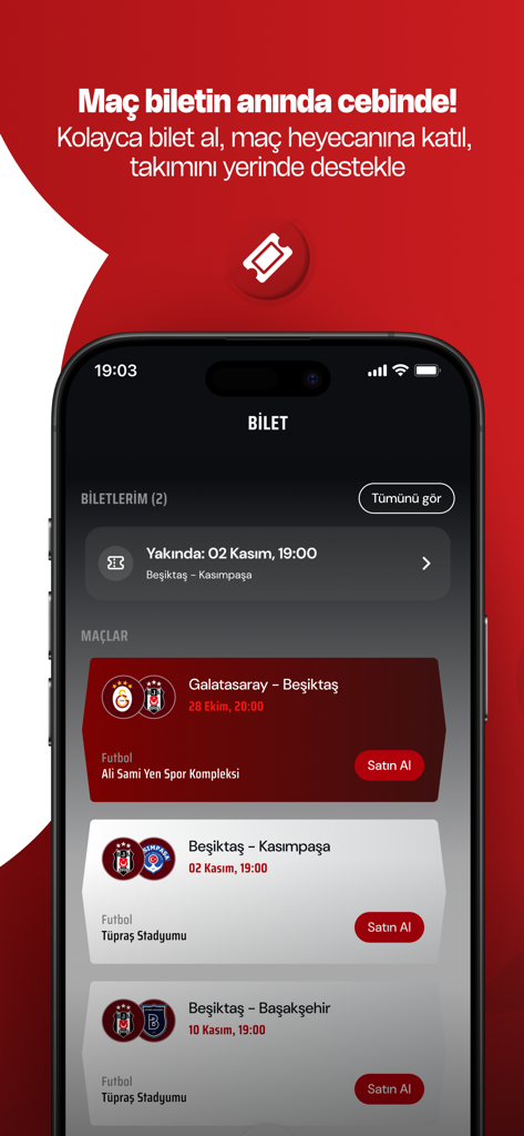 BJK SuperApp - Interfaz de la aplicación móvil de BJK SuperApp mostrando la sección de entradas para partidos con próximos partidos de Besiktas.