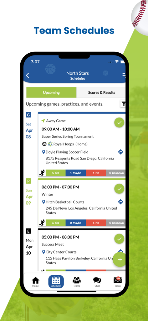 SportsPlus - SportsPlus mobile app interface displaying upcoming team games and practices with RSVP tracking.