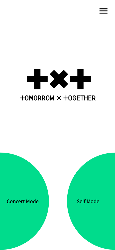 Pantalla de inicio de la aplicación TXT Official Light Stick que muestra los botones de selección de Modo Concierto y Modo Personalizado