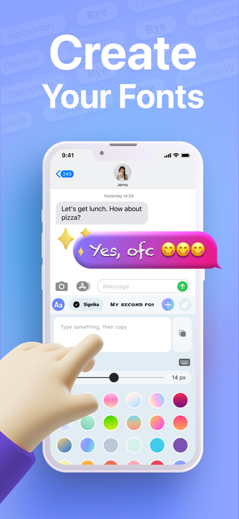 FontMaker - Handwriting Art - FontMaker App-Oberfläche, die eine benutzerdefinierte Handschrift-Schriftart in einer Textnachrichtenblase mit Schriftart- und Farbauswahlmenüs zeigt.