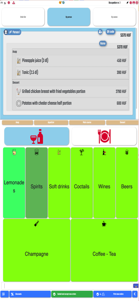 EatWithMe Console - EatWithMe restaurant management system ordering screen showing guest bill and menu categories