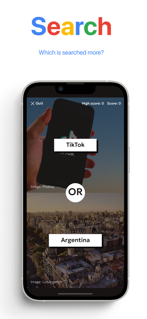 Interfaz del juego 'Mayor o Menor' comparando volúmenes de búsqueda de Google para TikTok y Argentina