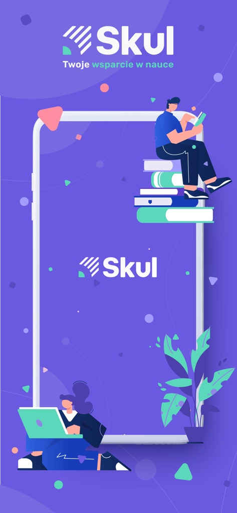 SKUL - Skul教育アプリのスプラッシュスクリーン。生徒たちが本とラップトップで勉強している様子と、「あなたの学習のサポート」というスローガンが表示されています。