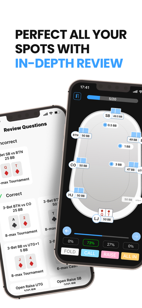 GTO Preflop Wizard Poker AI - Screenshot showing the poker review questions and the GTO training interface for preflop strategy