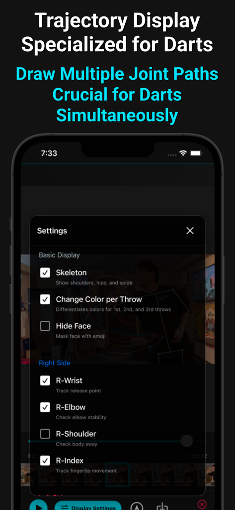 Interface of the Pose and Tracking for Darts app displaying joint trajectory settings and skeleton tracking options