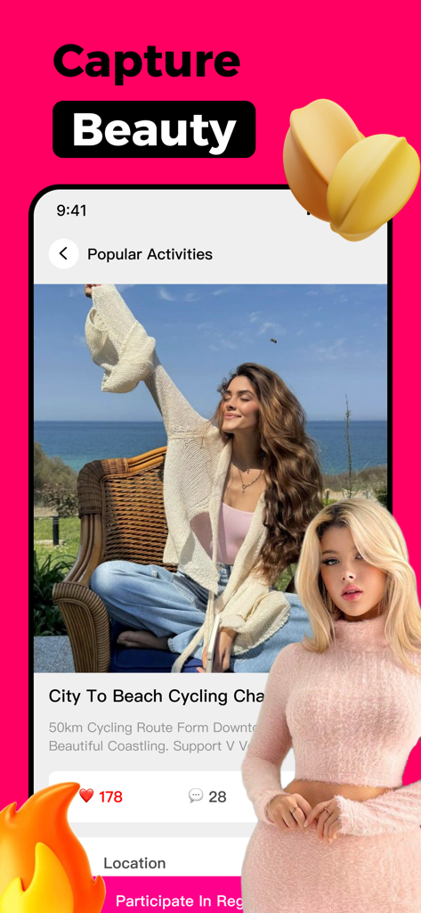 Rino - Free Your Passion - Rinoアプリ画面。ライフスタイル旅行の投稿と「美しさを捉えよう」という見出しが表示されています。