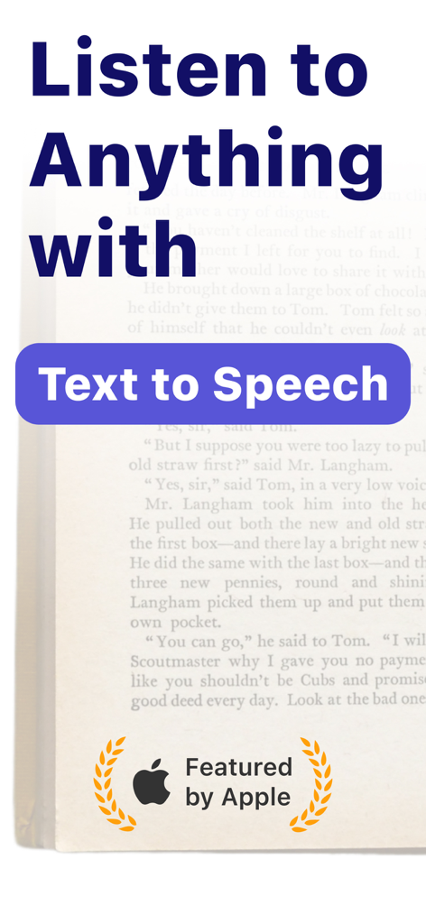 Text to Speech – Reading Aloud - Promotional screen for Text to Speech app highlighting Featured by Apple badge and the text Listen to Anything