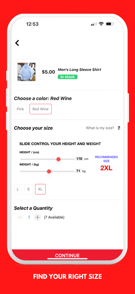 Ein mobiler App-Bildschirm für L192, der eine Produktseite für ein Herrenhemd mit Farb- und Größenauswahl sowie einem Schieberegler für Körpergröße und Gewicht für Größenempfehlungen zeigt.