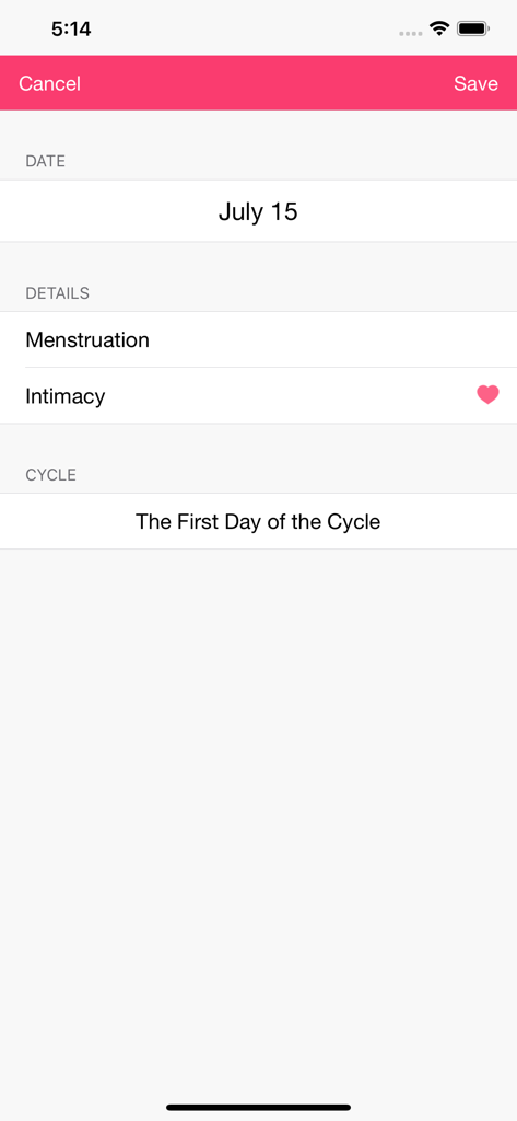 Fertility and Period Tracker - Daily log screen for tracking menstruation and intimacy details in the fertility app
