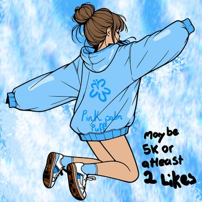 realistic girl jumping with a bun and oversized sweatshirt