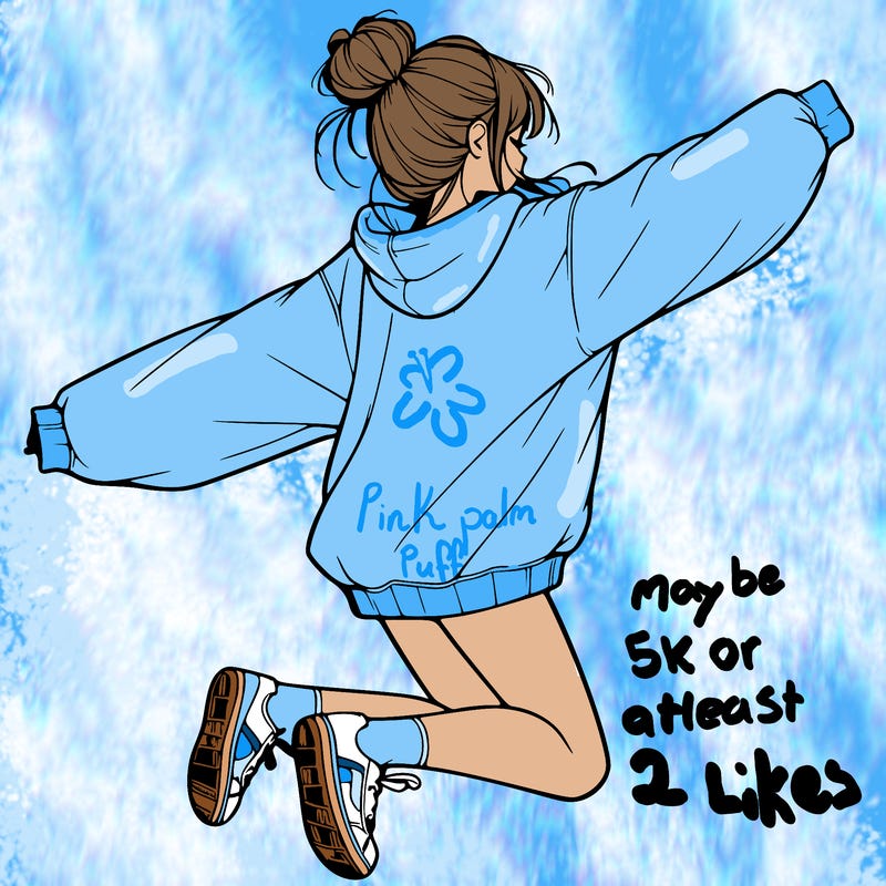 realistic girl jumping with a bun and oversized sweatshirt