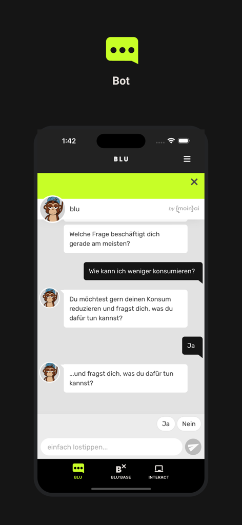 blu:app - Chatbot interface of the blu app showing an interactive conversation about substance consumption and mental health