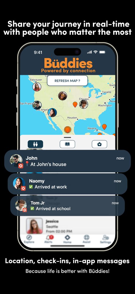 OZZI - Global Personal Safety - Ein Screenshot der OZZI App zeigt eine Karte mit Standorten von Freunden und Echtzeit-Check-in-Benachrichtigungen.