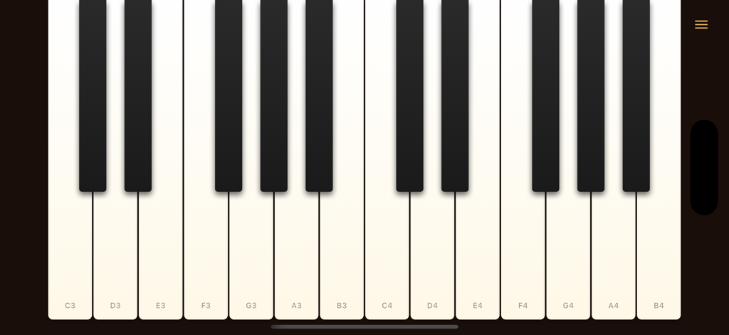 Simple Piano - Learn & Play - Teclado de piano digital con teclas etiquetadas en una vista panorámica profesional