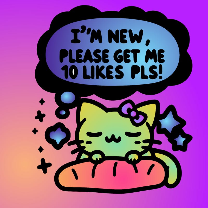 kitty taking a nap dream talking and saying "i'm new, please get me at least 10 likes pls!!"