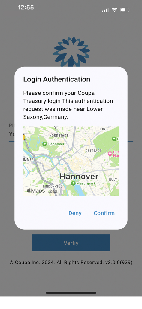 Coupa Treasury - Coupa Treasury secure login authentication screen with location map and MFA prompt.