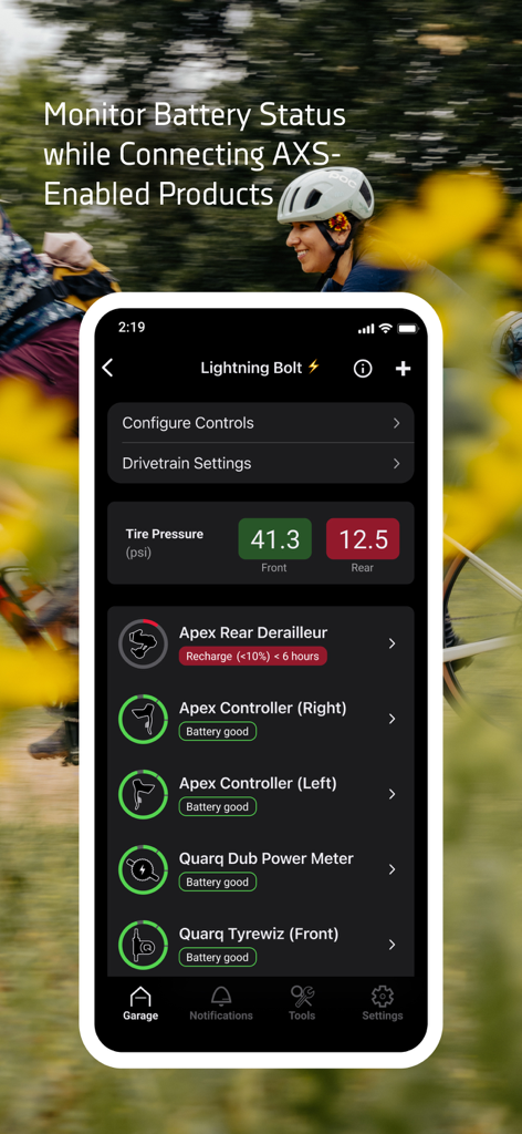 SRAM AXS app dashboard showing battery levels and tire pressure for connected bike components