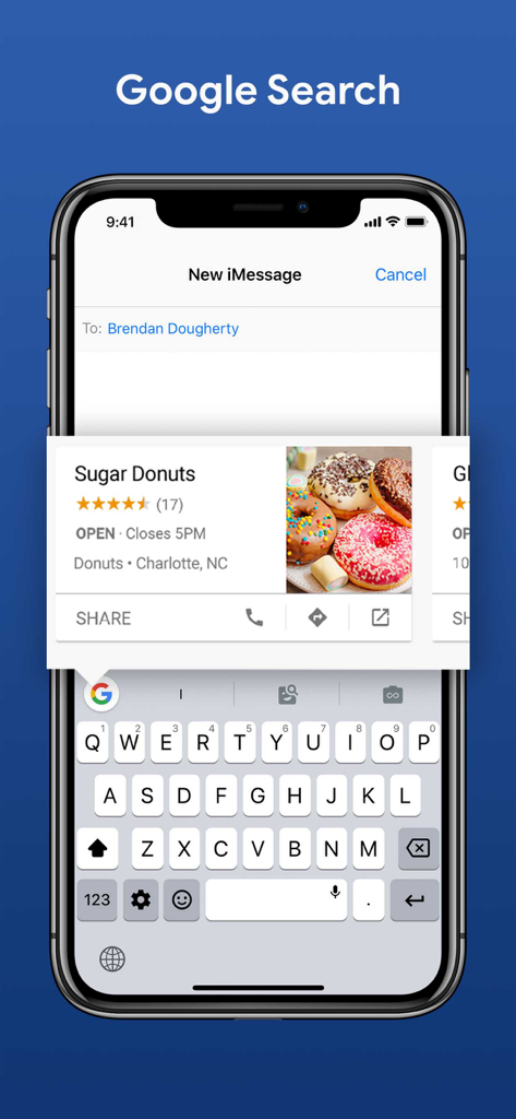 Teclado Gboard en un iPhone que muestra un resultado de búsqueda de Google integrado para una tienda de donuts dentro de un chat de iMessage.