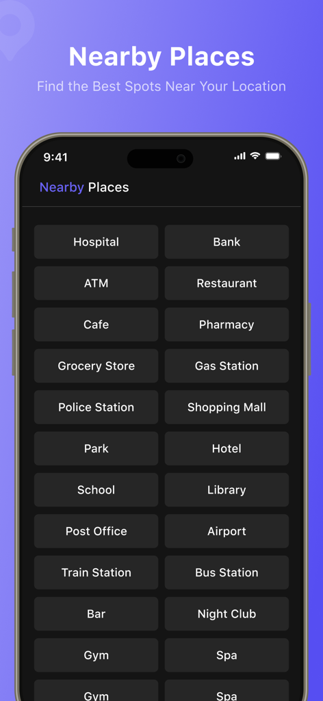 병원, 레스토랑, 주유소 등 주변 서비스 찾기 버튼 그리드를 보여주는 모바일 앱 화면